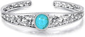 Genuine Turquoise Cuff Bracelet for Women, Sterling Silver Western Vintage Floral Bangle Native American Jewelry, For 6.5-7.5 Inch Wrists