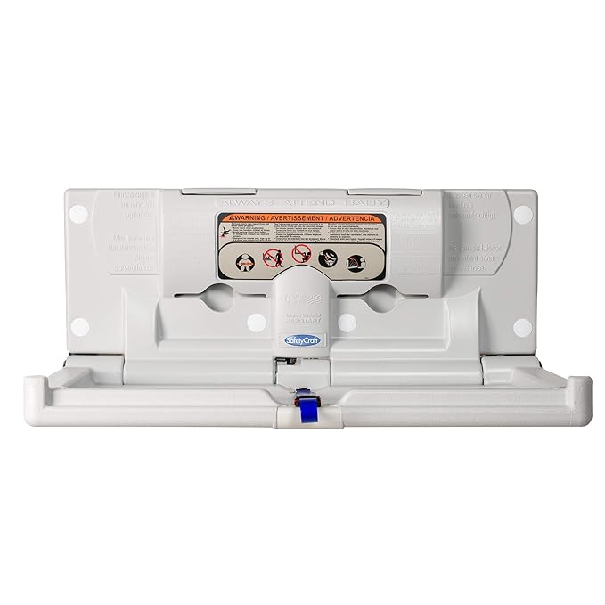 SafetyCraft Horizontal Wall-Mounted Baby Diaper Changing Station - Easy to Clean, High-Density Polyethylene w/Heavy Duty Steel Hinge - Built-in Liner Dispenser for Hooking Purse or Bag, Light Gray