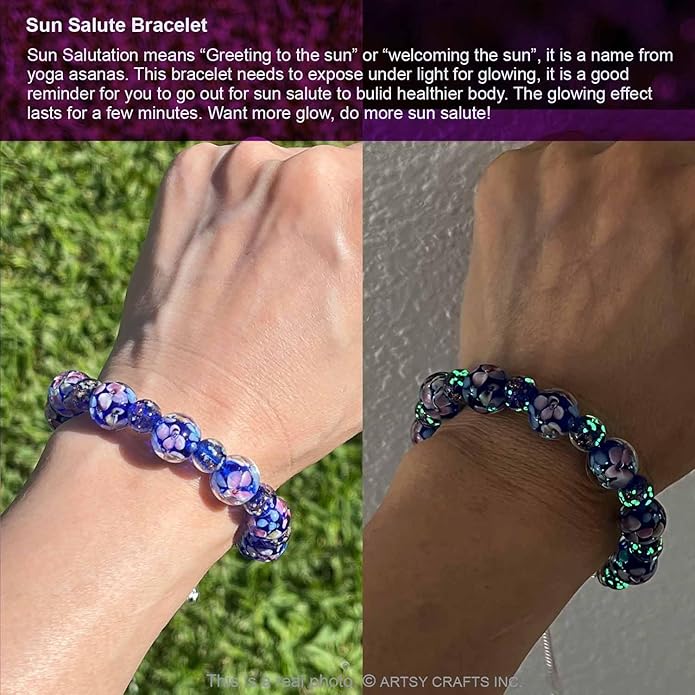 ARTSY Crafts Lily Garden Glow in the Dark Firefly Bead Bracelets Necklaces, Handmade in USA Murano Glass Jewelry, Flower Luminous Beads Mermaid Crystal Bracelet Bangle