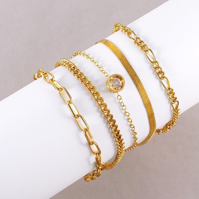 VIBILIA Dainty Gold Chain Bracelet for Women Trendy Stackable Adjustable Layered Metal Bracelet Gold Plated Twist Link Figaro Chain Paperclip Bracelets Fashion Jewelry