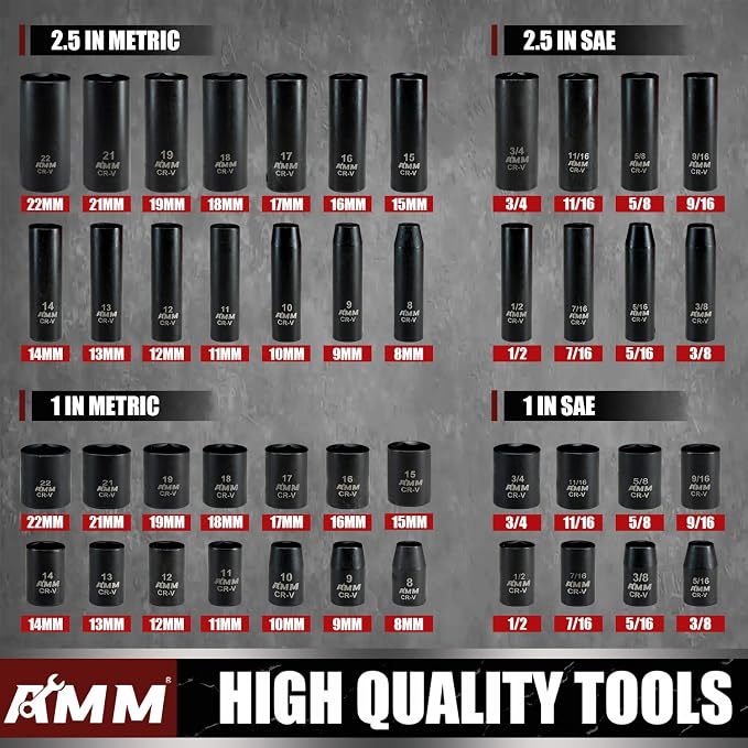 AMM 3/8" Drive Impact Socket Set, 48-Piece Standard SAE and Metric Size - Image 2