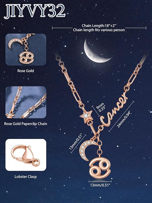 14K Gold/Rose Gold Zodiac Necklace for Women - Horoscope Constellation Pendant with Moon and Star, Luxury Birthday Gifts Jewelry for Her (12 Zodiac Signs)