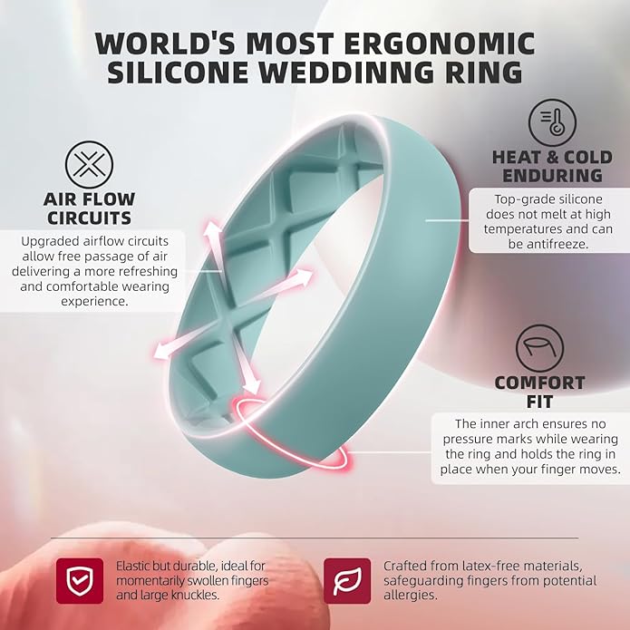 Egnaro Women's Bridal Rings Sets, Inner Arc Ergonomic Breathable Design Silicone Rubber Wedding Bands
