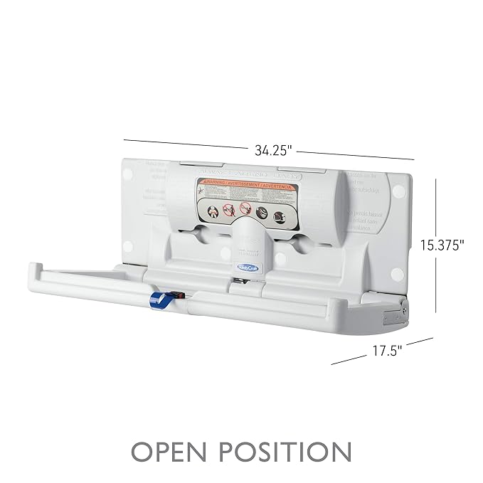 SafetyCraft Horizontal Wall-Mounted Baby Diaper Changing Station - Easy to Clean, High-Density Polyethylene w/Heavy Duty Steel Hinge - Built-in Liner Dispenser for Hooking Purse or Bag, Light Gray