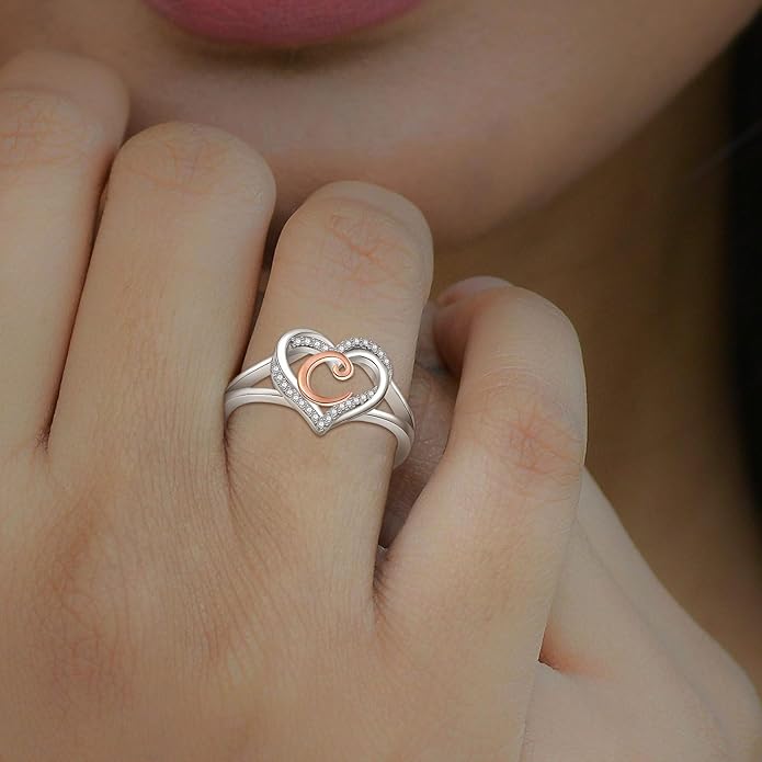 INFUSEU 925 Sterling Silver Initial Heart Ring for Women Girls, Adjustable Size