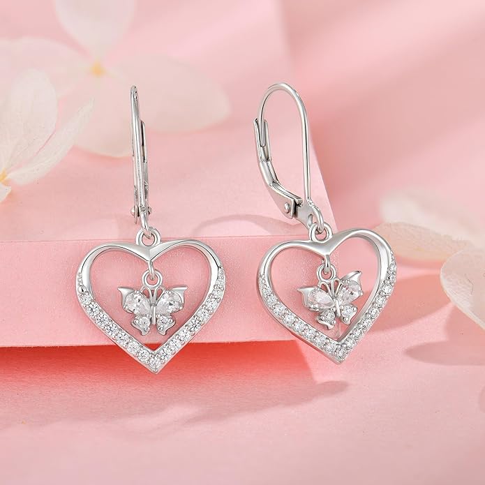 Butterfly Birthstone Heart Dangle Drop Earrings, 925 Strlings Silver 5A Cubic Zircon Leverback Earrings Jewelry Anniversary Birthday Gifts for Women