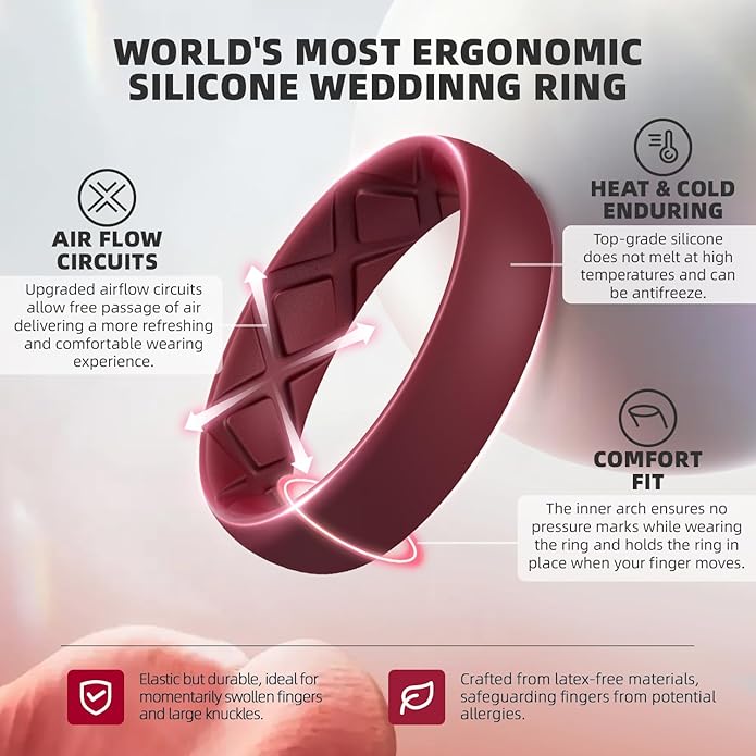 Egnaro Women's Bridal Rings Sets, Inner Arc Ergonomic Breathable Design Silicone Rubber Wedding Bands