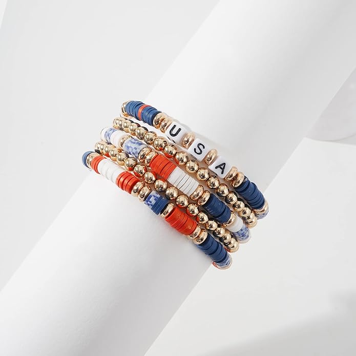 GOOJIDS Surfer Heishi Clay Bead Bracelets for Women Bohemian Stackable Gold Plated Beaded Stretch Bracelets Elastic Layering Friendship Bracelets Set Boho Jewelry