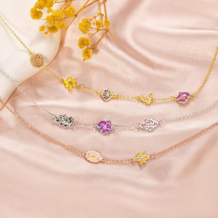 AILIN Personalized 1-8 Birth Flowers Necklaces For Women 925 Sterling Silver/Stainless Steel Dainty Custom Sideway Necklace For Mom Family Birthday Gifts For Mother Grandma