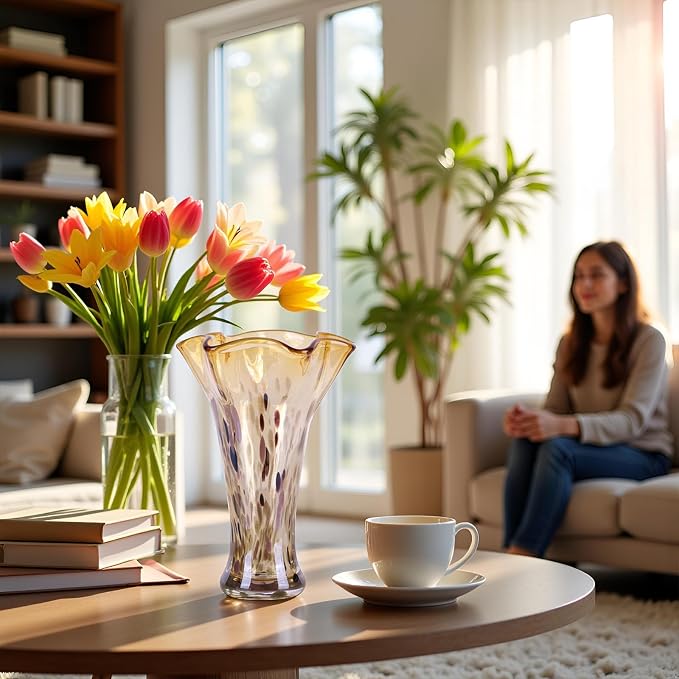 9.0" H Amber Glass Vases for Flower, Unique Hand Blown Glass Vase | Wide Mouth - Image 4