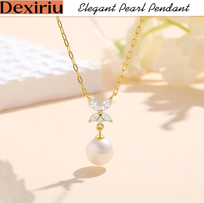 Pearl Necklace for Women with 14K Gold Plated S925 Silver & Butterfly Pendant Necklace, 17.7"+2" Chain Length, Gift for Birthday, Mothers Day, Christmas, Anniversary, Graduation