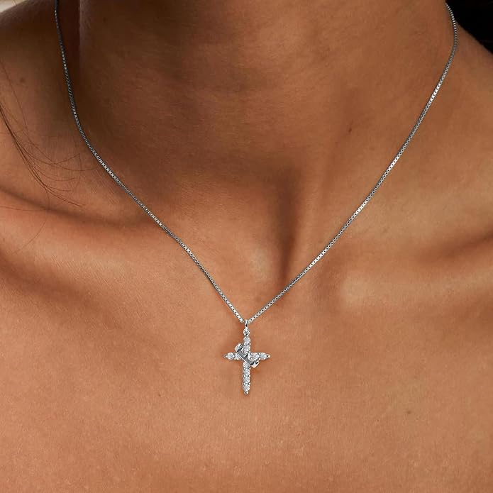 Crown Cross Necklace for Women, 14K Gold Silver Cubic Zirconia Crown Cross Necklace, Diamond Gold Silver Cross Necklaces, Dainty Cross Faith Simple Trendy Charm Jewelry Gift for Women