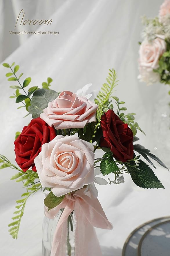 Artificial Flowers 25pcs Real Looking Dark Red Ombre Colors Foam Fake Roses - Image 3