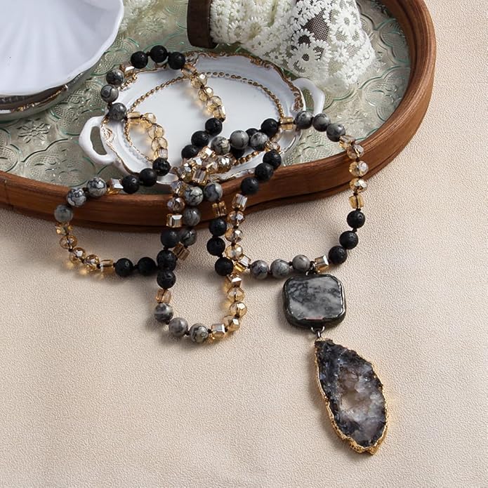 Yomisa Boho Necklaces for Women Men Long,33/34/35 Inch Natural Turquoise Tiger Eye Beaded Stone Pendant Necklaces for Women Trendy,Handmade Bohemian Western Bead Necklace Fashion Charm Jewelry Gift