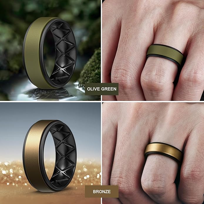 Egnaro Silicone Rings for Men 1/4/5/6/7 Multipack of Breathable Mens Silicone Rubber Wedding Rings Bands - Step Edge