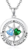 Compass Necklace for Women, Exquisite S925 Valentines Day Anniversary Birthday Gifts for Wife Her Double Birthstone Pendant Jewelry ‘I'd be Lost Without You’