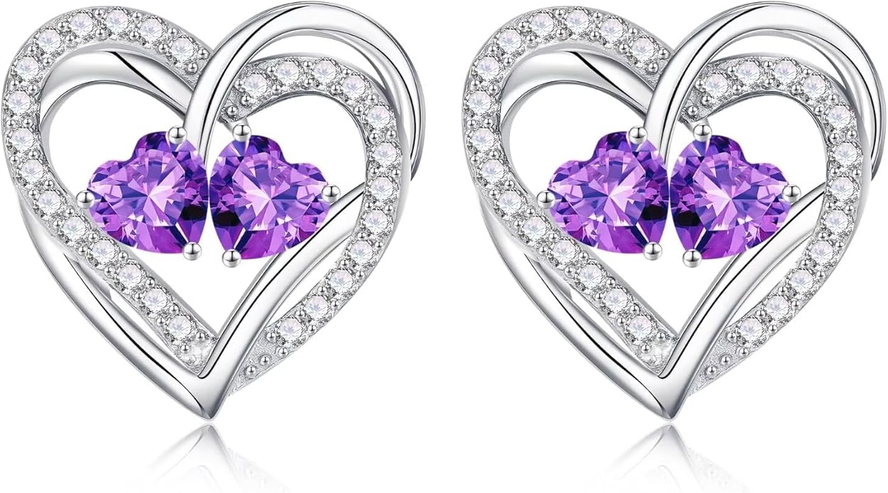 Iefil Valentines Day Gifts for Her, 925 Sterling Silver Heart Birthstone Earrings, Anniversary Birthday Gifts for Women, Birthstone Jewelry for Her Wife Girlfriend Mom