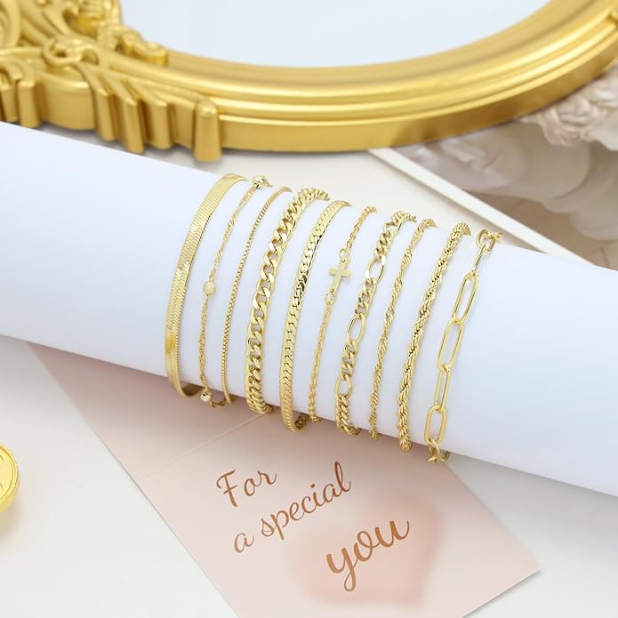 XIANNVXI 10pcs Rose Gold/Gold/Silver Bracelets Stack for Women Dainty Thin Rose Gold Bracelets Set Silver Chain Bracelet Paper Clip Stackable Figaro Herringbone Paperclip Bracelet Pack for Womens