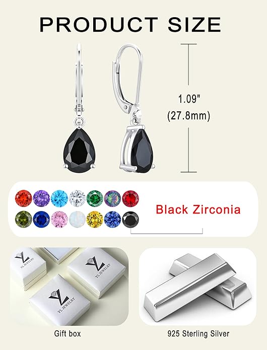 YL 925 Sterling Silver Teardrop Dangle Drop Earrings for Women 7x10 MM Solitaire Birthstone Leverback Jewelry