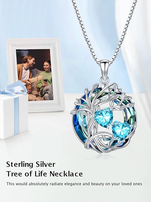 TOUPOP s925 Sterling Silver Family Celtic Tree of Life Pendant Necklaces with 2 Heart Birthstone with Blue Austrian Crystal Jewelry Birthday Valentines Day Gifts for Her, Anniversary Christmas Gifts for Wife Girlfriend Mom (18K Real White Gold Filled)