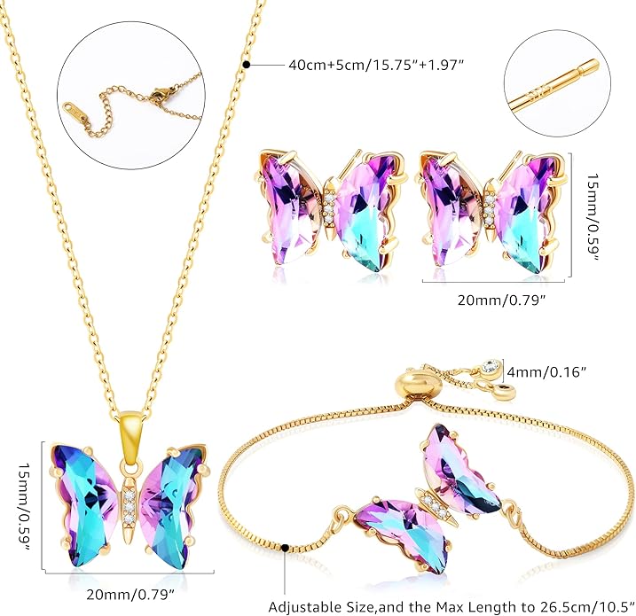 MISS RIGHT Butterfly Crystal Jewelry Set with Butterfly Necklace Stud Earrings Bolo Bracelet Adjustable Ring for Women Trendy, Iridescent Y2K Dainty Butterfly Jewelry Gifts