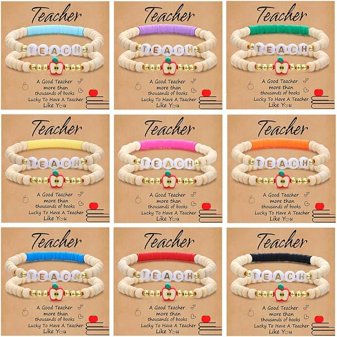 COLOYAN 18PCS Teacher Appreciation Gifts for Women Men, Teacher Gifts Wooden Beaded Bracelet elastic Clay Bracelet, Birthday Christmas Thanksgiving Thank You Gifts for Teachers