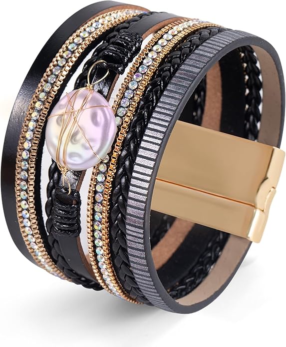 Wrapped Bracelets for Women,Leather Bracelet,Boho Bracelets for Women,Multi-Layer Pearl Crystal Bracelet Bangle Jewelry