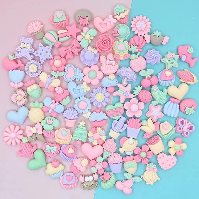 100pcs Cute Slime Charms Mixed Set Resin Flatback for DIY Craft Making and Ornament Scrapbooking Beads Assorted Candy Fruit Cake Resin Ornament Kit Making Supplies