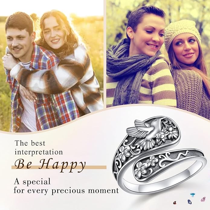925 Sterling Silver Hummingbird/Sunflower Turquoise/Moonstone/Lily of the Valley Flower Spoon Ring Adjustable Open Ring Statement Thumb Ring Jewelry for Women