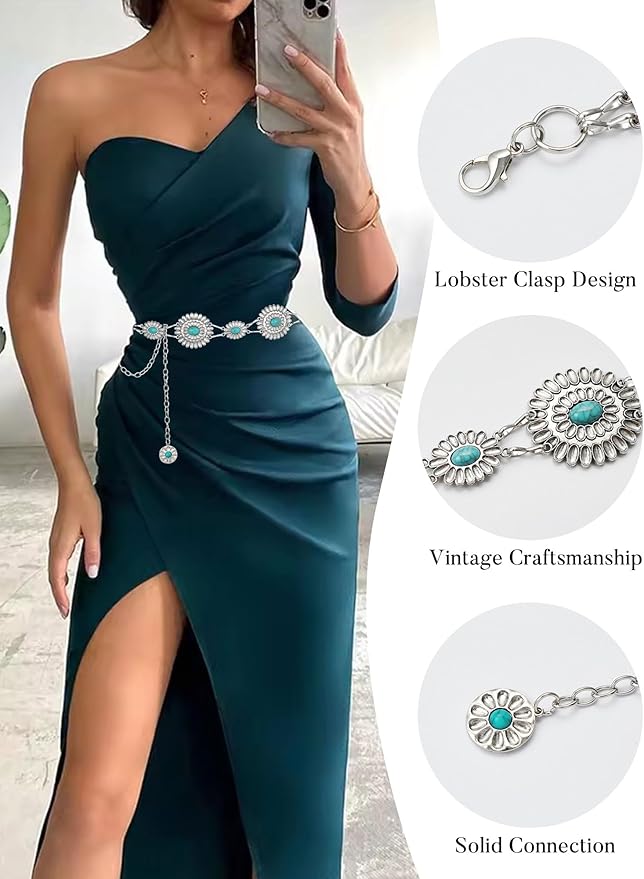 FIORETTO Metal Waist Chain Link Belt for Women Western Cowgirl Boho Turquoise Belts for Dress Jeans Country Concert Outfit