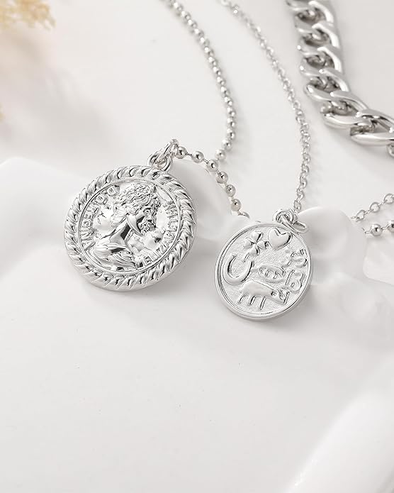 MJartoria Layered Necklaces for Women Trendy Retro Coin Pendant Necklace Dainty Chunky Chain Necklaces for Jewelry Birthday Gifts