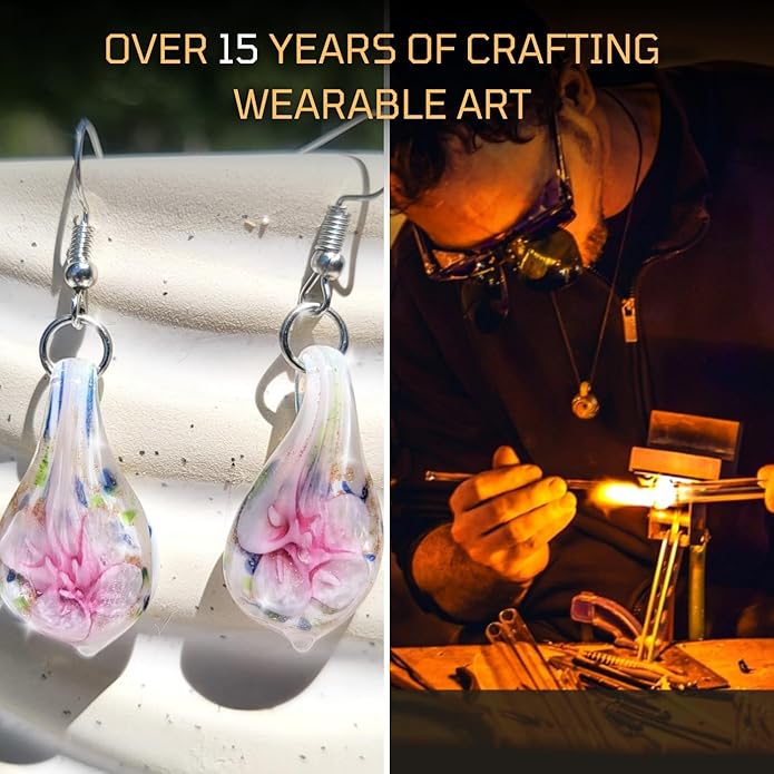 BESHEEK Handmade Murano Inspired Gorgeous Artist Made Pink Purple Blue Twist Glass Dangle Earrings | Handcrafted Blown Hypoallergenic Artisan Lampwork Italian Style Jewelry