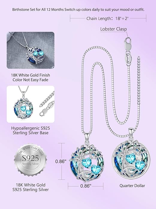 TOUPOP s925 Sterling Silver Family Celtic Tree of Life Pendant Necklaces with 2 Heart Birthstone with Blue Austrian Crystal Jewelry Birthday Valentines Day Gifts for Her, Anniversary Christmas Gifts for Wife Girlfriend Mom (18K Real White Gold Filled)