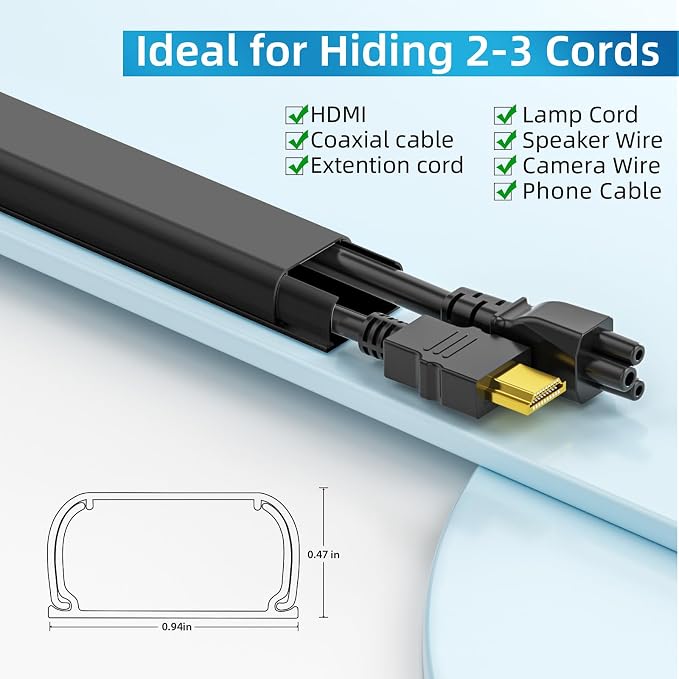 Yecaye 142in Wall Cord Hider for 2-3 Cords, W0.94in H0.47in, On-Wall Cord Cover - Image 2