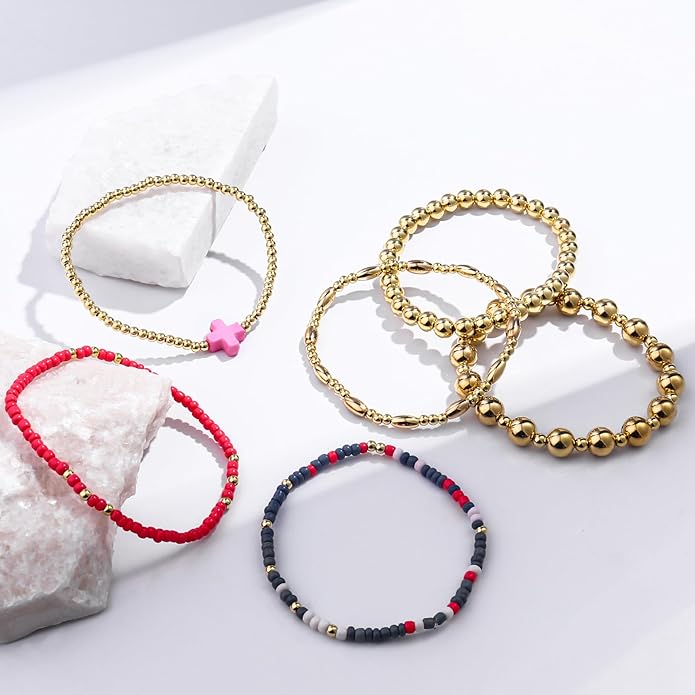 Gold Bracelets for Women Waterproof, 14K Gold Plated Beaded Cross Bracelets Set,Boho Stretch Bracelets Stackable Jewelry for Women Teenage Girls Jewelry Christmas Gifts