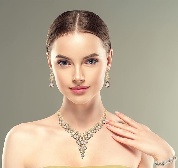 Wedding Bridal Bridesmaid Austrian Crystal Rhinestone Jewelry Sets Statement Choker Necklace Earrings Bracelets Sets for Wedding Party Prom