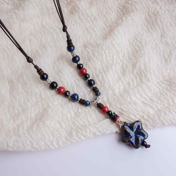 Adjustable Ceramic Beaded Necklace for Women, Boho Handmade Flower Pendant Necklace, Hippie Jewelry for Mom and Wife