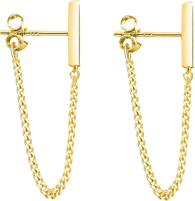 Reffeer Solid 925 Sterling Silver Stud Earrings Minimalist Bar Earrings with Chain Dangle Earrings For Women