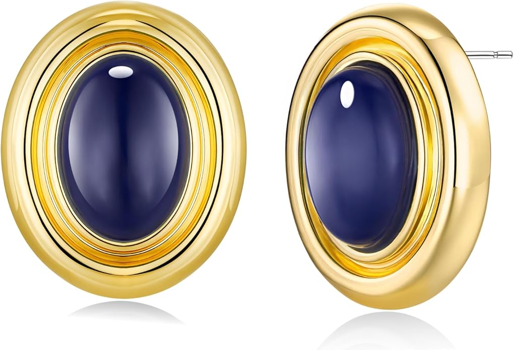 18K gold plated Medium Oval Button Chunky Statement Earrings for Women by SNGIA, (Turquoise, Carnelian, Aventurine, Amethyst, Malachite, Cat Eye, White, Cream) Bold Handmade Colored (Red, Blue, Green, White, Cream, Purple) Exaggerated Dome Retro Rounde...
