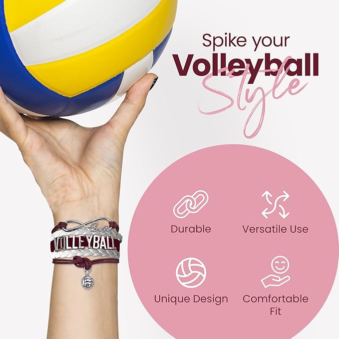 Volleyball Bracelets For Girls- Ideal Volleyball Gifts & Souvenirs. Adjustable Charm Bracelet with Moveable Letters, Infinity Symbol & Silver Volleyball Charm. Fashionable Bracelets by SportyBella.