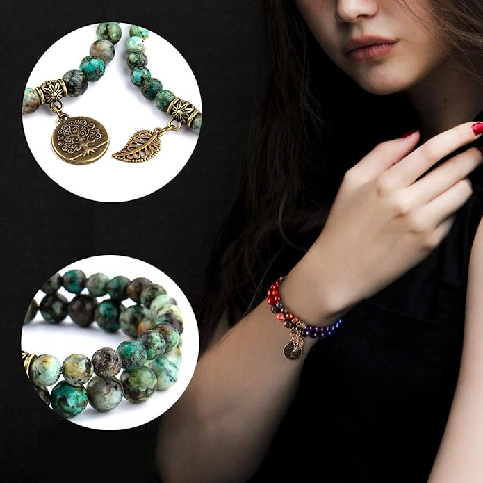 Bivei Natural Semi Precious Gemstone beads bracelet for women - Life Tree and Leaf Charm Energy Reiki Crystal Stretch Bracelets