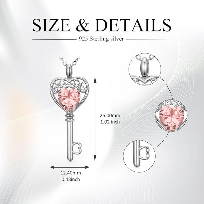 WSX Heart Key Birthstone Necklace for Women 925 Sterling Silver Love Key Pendant with Birthstone Valentine's Day Anniversary Jewelry Gift for Her