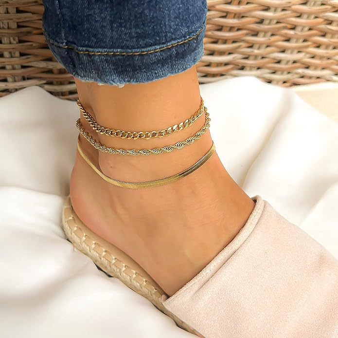 DEARMAY Dainty 14K Gold Plated Ankle Bracelets for Women, Waterproof 14K Gold Plated Link Chain Anklets Non Tarnish Set Pack Summer Beach Jewelry Gift