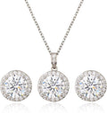 Bridal Crystal Jewelry Set - Sterling Silver Round Cubic Zirconia CZ Rhinestone Halo Birthstone Pendant Necklace Stud Earrings Set for Wedding Bride Bridesmaids Birthday Gift