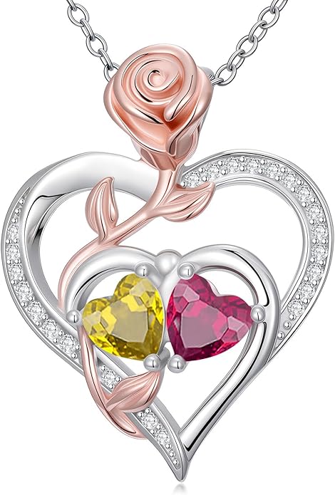 Rose Flower Heart Pendant for Women Birthday Gifts 18k Gold Plated Mother Daughter Necklace with 12 Months Birthstone Christmas Valentines Day Gifts for Her Mom Anniversarry Jewelry for Mom Wife Girlfriend