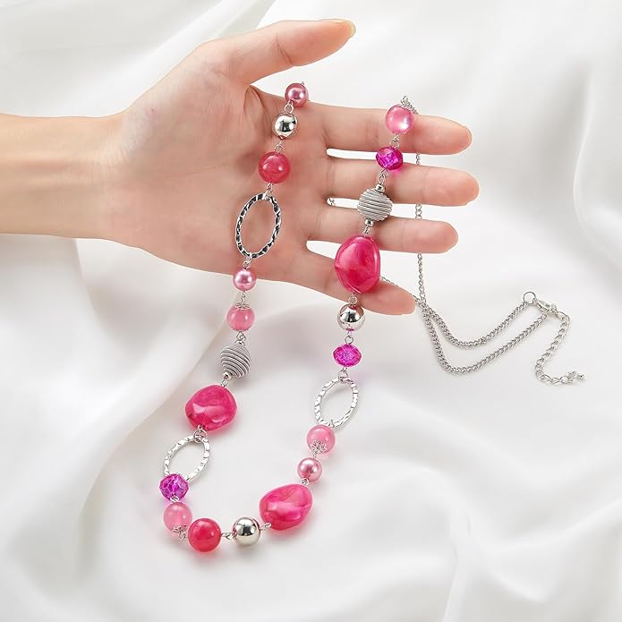 BULINLIN Beaded Long Necklace for Women Silver Sweater Chain Necklace with Crystal Resin Beads, Fashion Jewelry Necklace
