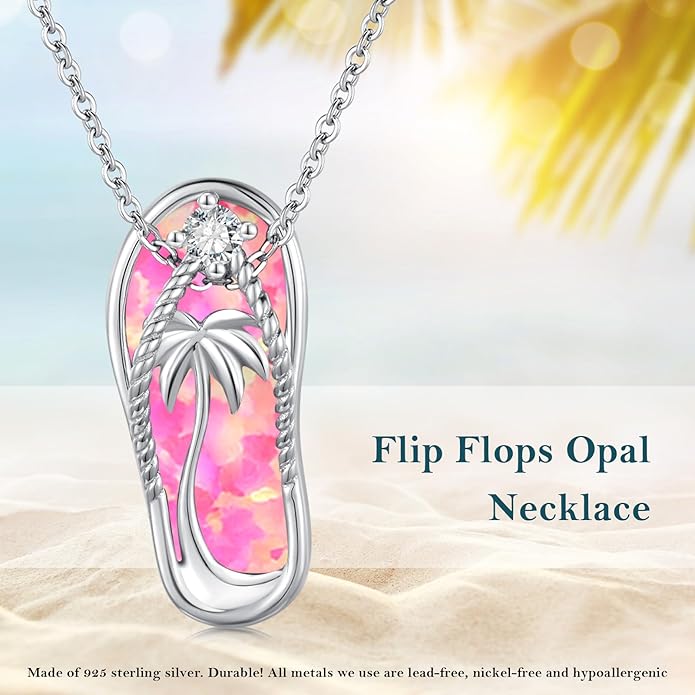 Midir&Etain Ocean Necklace 925 Sterling Silver Blue Opal Necklace Starfish/Flip Flop/Shark Pendant Beach Ocean Jewelry for Women