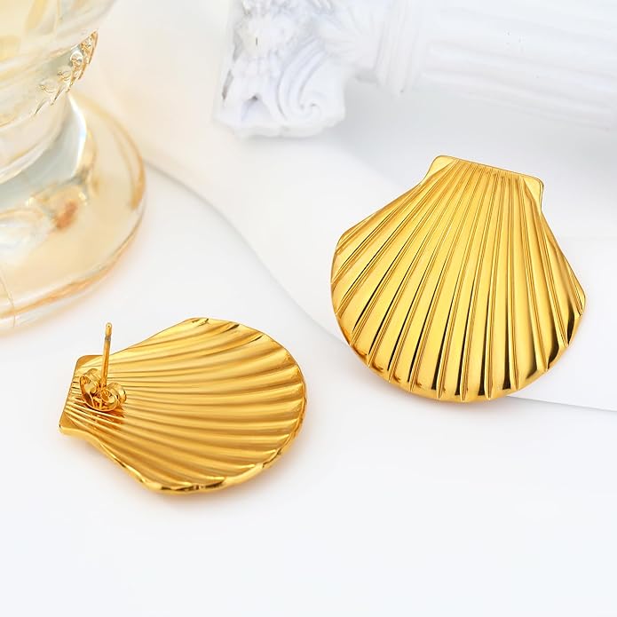 MISS RIGHT Gold Shell Earrings for Women, Stainless Steel Sea Shell Stud Seashell Earrings Beach Jewelry, Hypoallergenic Lightweight Summer Earrings