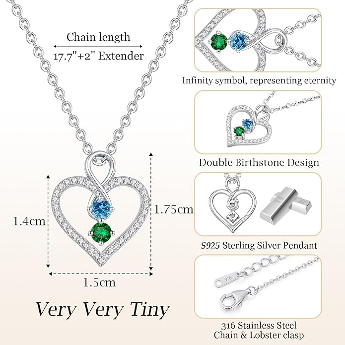 LOUISA SECRET Infinity Double Birthstone Necklace, 925 Sterling Silver Tiny Pendant Heart Necklace for Women Wife Her, Best Jewelry Gift Heart Jewelry Meaningful Gift for Valentine's Day, Christmas, Birthday Anniversary