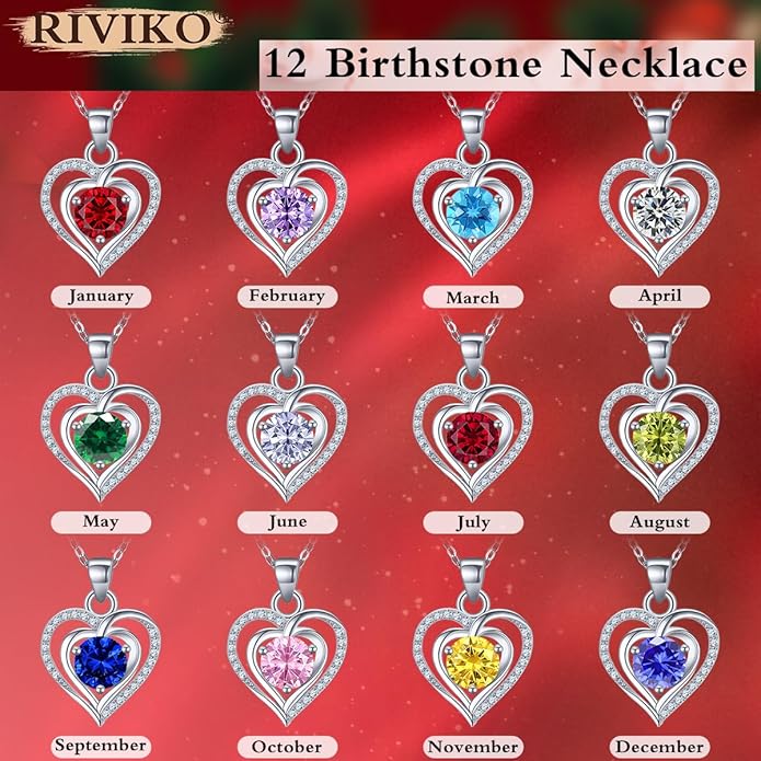 RIVIKO Heart Birthstone Pendant Necklace for Women 925 Sterling Silver Zirconia Necklaces Valentine's Day Anniversary Birthday Mothers Day Jewelry Gifts For Her Mother Wife